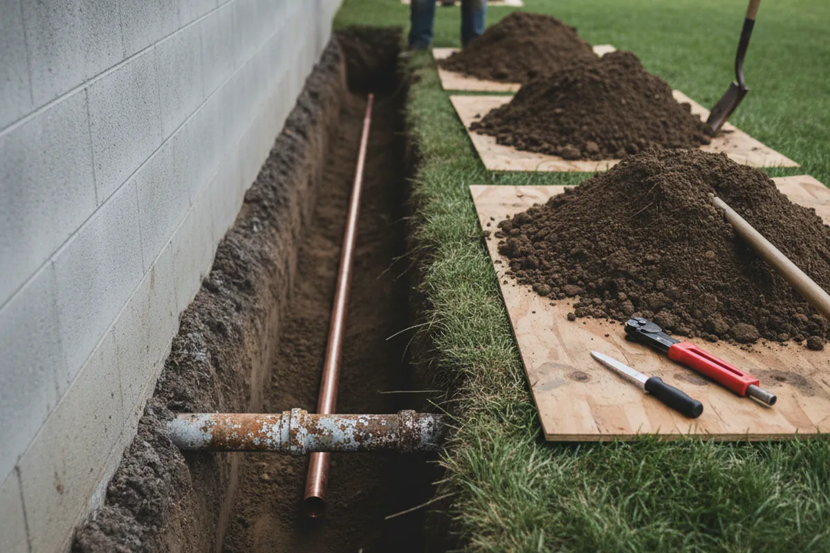 Excavated water line trench during Water Softener Installation in East Canaan